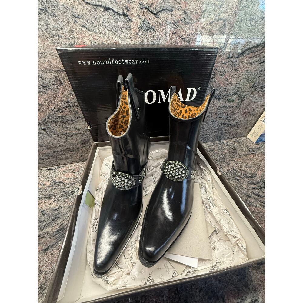 Nomad Black Leather Western Ankle Boots with Rhinestone Buckle | size 11